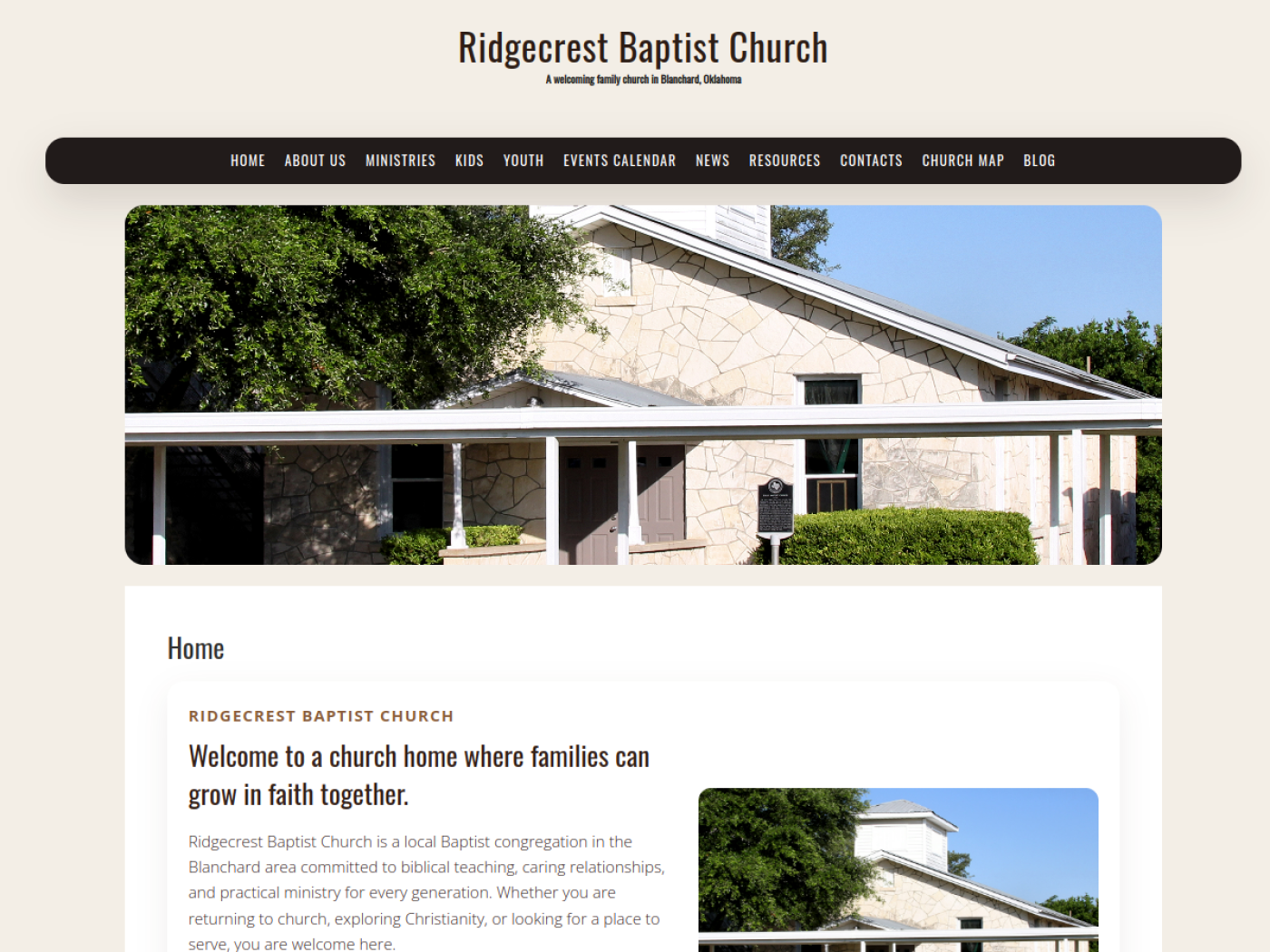 Phone screen showing Ridgecrest Baptist Church website navigation